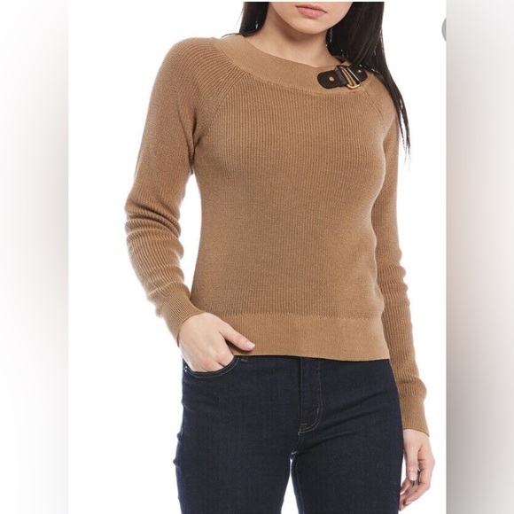 Lauren Ralph Lauren Ballet Neck Buckle Sandy Brown Beige Jumper - Picture 1 of 6